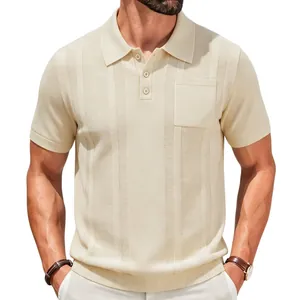 Men's beige ribbed knit polo shirt with short sleeves and functional chest pocket