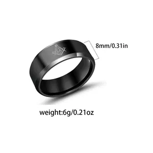 Macro view of black titanium ring with Masonic symbol and weight specifications