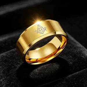 Gold-plated stainless steel Masonic ring with engraved square and compass symbol