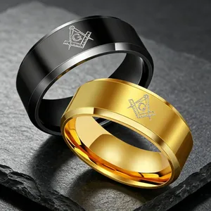 Men's titanium steel rings in black and gold with Masonic Square and Compasses symbol