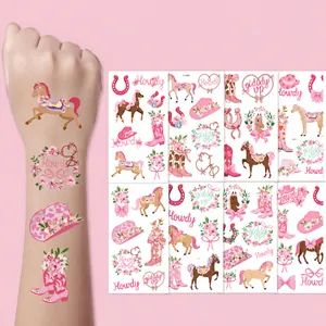 Roze Cowgirl Tijdelijke Tattoo Stickers Waterdicht Papier Bloem Paard Strik Ontwerp Verjaardagsfeest Decoratie Meisjes Kinderen