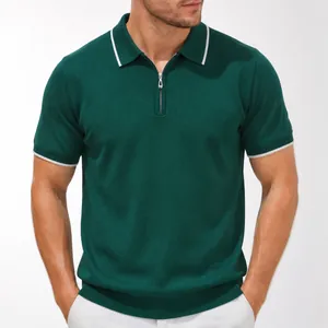 Men Business Casual Viscose Knitted Polo Shirt Half Zipper Contrast Stripe Trim Short Sleeve Thin Summer Top