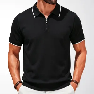 Men's summer short sleeve half-zip knitted Polo shirt in black with white contrast tipping