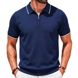 Men's navy blue knit polo shirt with half-zip and white tipping collar detail.