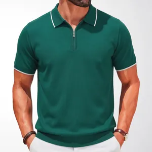 Men's dark green knit polo shirt with half-zip closure and white contrast trim detail
