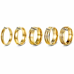 Detailansicht der Maße für verschiedene vergoldete DIY-Ringrohlinge aus Edelstahl.