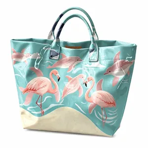 Spacious waterproof PVC canvas tote bag featuring stylish flamingo and dolphin prints