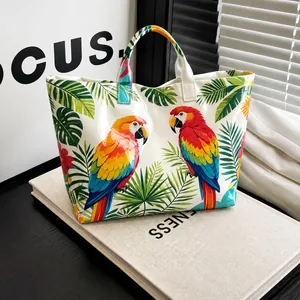 Vibrant tropical parrot print waterproof PVC and canvas tote bag for daily commute