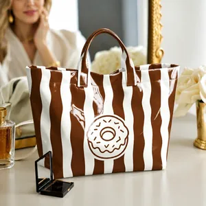 Waterproof PVC canvas tote bag with brown vertical stripes and donut print