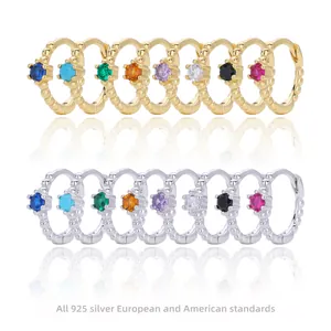 925 Sterling Silver Hoop Earrings For Women Minimalist Colorful Zirconia Inlaid Bead Edge Ear Cuff Gold Silver Plated Jewelry