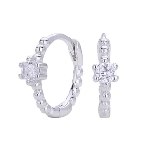 Elegant S925 sterling silver beaded hoop earrings with sparkling cubic zirconia.