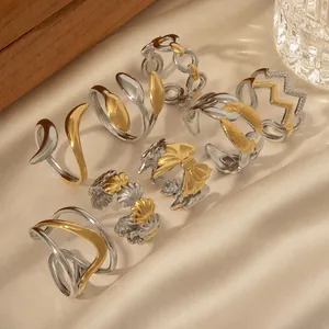 Mode Edelstahl Gold Silber Zweifarbig Geometrisch Offen Verstellbar Ring Für Damen Schleife Herz Kette Schale Schmetterling Muster Ring Schmuck Geschenk