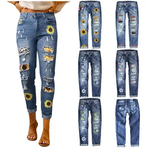 Women Distressed Ripped Denim Jeans Slim Fit Mid Rise Sunflower Leopard Patchwork Printed Straight Leg Long Pants Streetwear Bottom