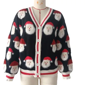 Damen Weihnachts-Cardigan in Schwarz mit flauschigem Weihnachtsmann-Muster und V-Ausschnitt