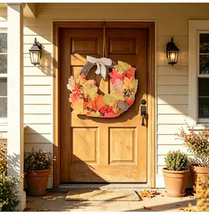 Detailed view of an autumn maple leaf wreath with lotus pod hanging on a wooden front door
