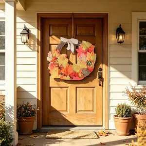 Vibrant Thanksgiving maple leaf wreath with berries and bow hanging on a wooden front door