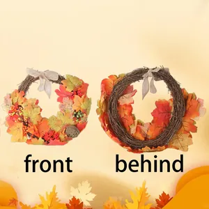 Thanksgiving maple leaf wreath with berries and lotus pod shown from front and back view