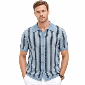 Men Knitted Jacquard Polo Cardigan Casual Business Short Sleeve Viscose Striped Knit Shirt Top