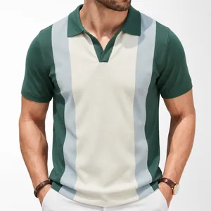 Polo de Punto en Bloques de Colores Retro para Hombre Manga Corta Cuello en V Verano Viscosa Transpirable Moda Casual Top