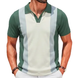 Polo de punto para hombre con bloques de color retro y rayas verticales verde y beige