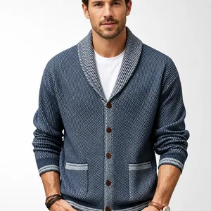 Herren Retro Gewaschenes Denim Blau Strickjacke Pullover Locker Lässig Schalkragen Einreihig Jacke Mit Taschen Mode Strickwaren Top