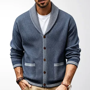 Herren Retro Strickjacke in gewaschenem Denim Blau mit Schalkragen für den Frühling