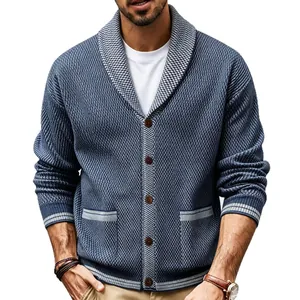 Klassische Herren Strickjacke in Vintage-Denimblau mit Schalkragen und lockerer Passform