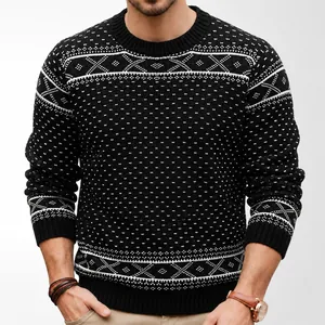 Suéter de Hombre Vintage Fair Isle Jacquard Cuello Redondo Estilo Nórdico Pulóver de Punto Engrosado Poliéster Manga Larga para Invierno