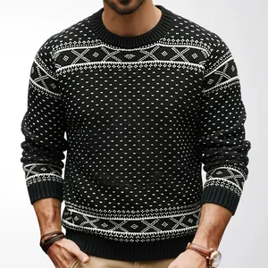 Suéter de cuello redondo retro Fair Isle nórdico con punto jacquard grueso para invierno