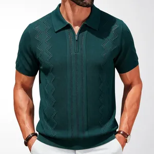 Modern dark green men's knitted Polo shirt featuring half-zipper and textured geometric pattern