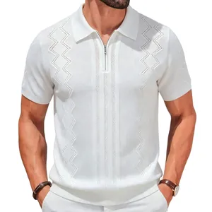 Elegant men's white knitted polo shirt featuring a half-zip neck and geometric pattern