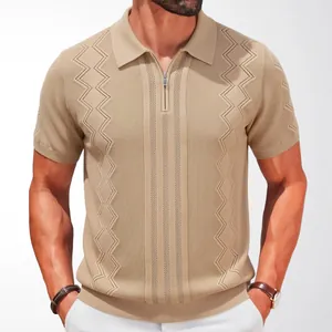 Premium men's khaki knitted half-zip polo shirt featuring a unique zigzag textured pattern