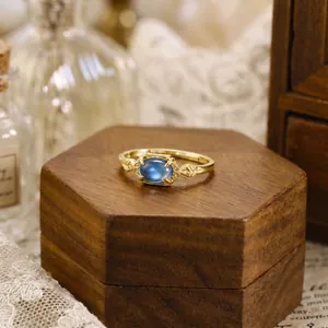 Vintage London Blue Topaz Ring 925 Sterling Silver Gold Plated Adjustable Open Band Retro Jewelry For Women Antique Design