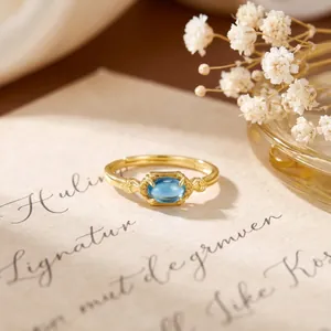 Vintage Japanese style S925 silver ring with rectangular London blue topaz gemstone