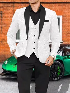 Elegantes weißes Jacquard-Herren-3-Teiler-Anzugset mit schwarzem Schalkragen für Bankette.