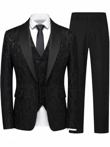 Premium men's black floral jacquard 3-piece tuxedo suit set for formal banquet weddings