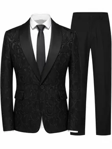 Elegant men's black jacquard suit with rose patterns for formal banquets and weddings.