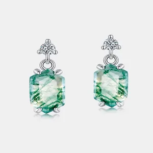 Elegant hexagonal moss agate drop earrings featuring natural green patterns and S925 silver studs