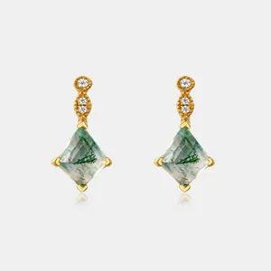 Detailed view of geometric moss agate earrings with S925 silver gold-plated posts