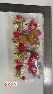 Set of 8 plush Christmas tree ornaments featuring Santa and reindeer holding bells.