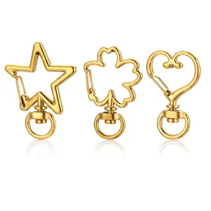 Gold stainless steel lobster clasps in star, clover, and heart shapes for DIY keychains.