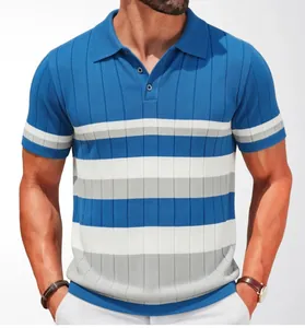 Detailed view of men's ribbed knit polo shirt featuring blue and grey contrast stripes.