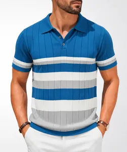 Detailed texture of men's ribbed knit polo shirt featuring vibrant blue and white stripes