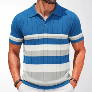 Premium men's short sleeve ribbed knit polo shirt with blue and white striped pattern