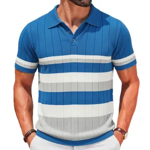 Men's ribbed knitted polo shirt featuring blue and white contrast stripes for summer wear