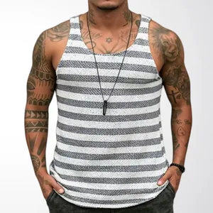 Casual men's grey and white striped knitted tank top sleeveless shirt for summer wear