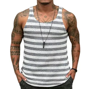 Men's casual slim fit sleeveless knit tank top with grey and white horizontal stripes
