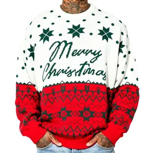 Heren retro kersttrui met Merry Christmas tekst en sneeuwvlokkenpatroon voor feest