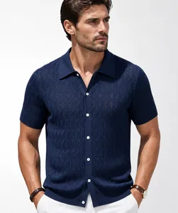 Close-up of navy blue textured jacquard short-sleeve knit polo cardigan for men