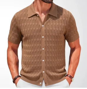 Close-up of men's summer short sleeve knit polo shirt featuring textured jacquard pattern